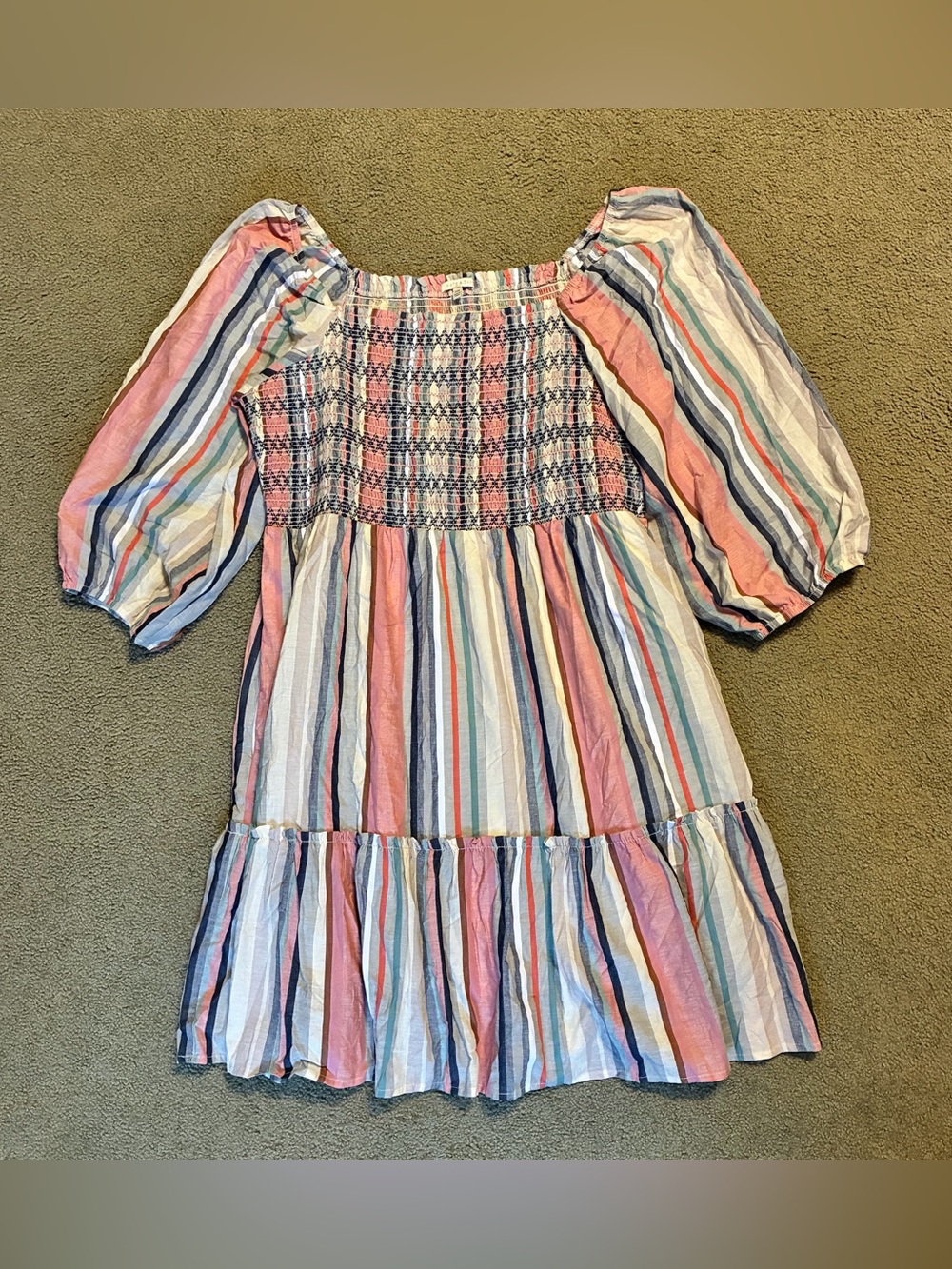 Kate and Sam smocked Flowy Boho Stripe Mid Dress XXL Rose Blue Cottagecore